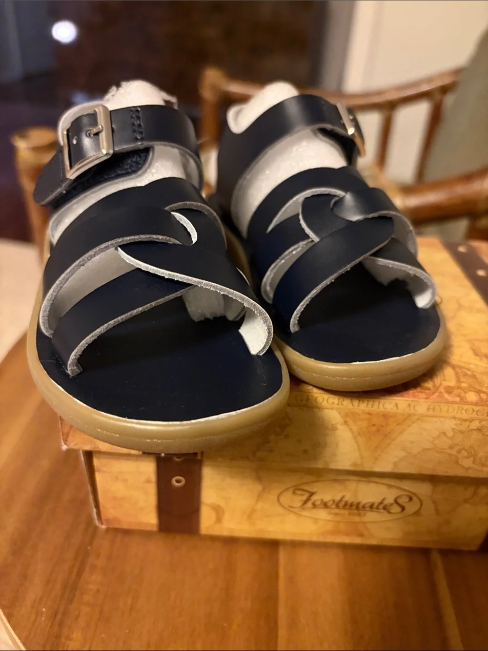 FootMates Navy and Gum-Soled Kids Leather Sandals with Buckle